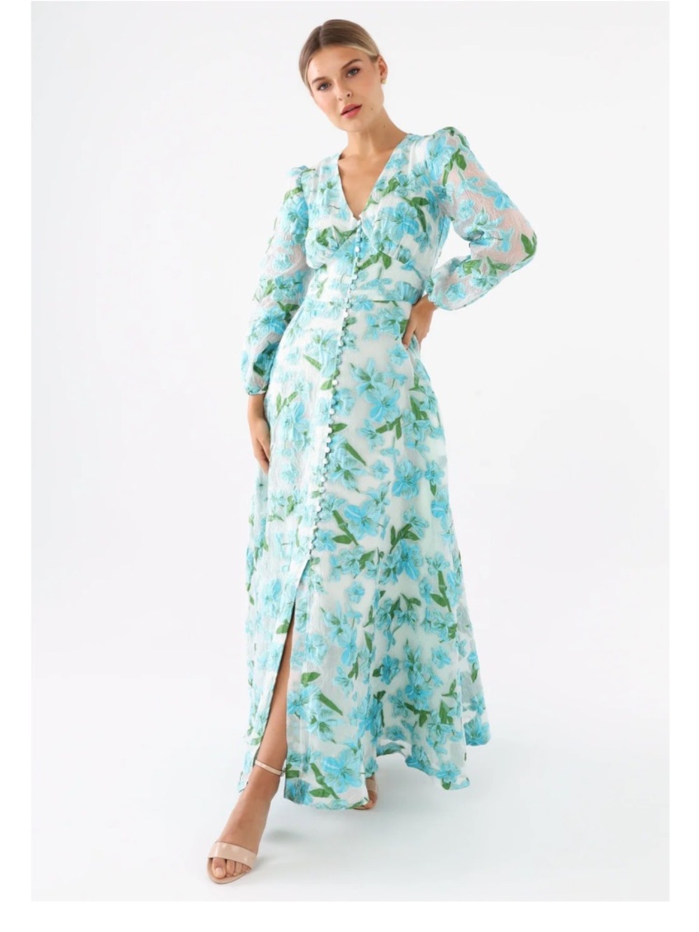 NWT Abbey Glass Floral Button-Front Gown perfect for Bridal/Formal event Sz L